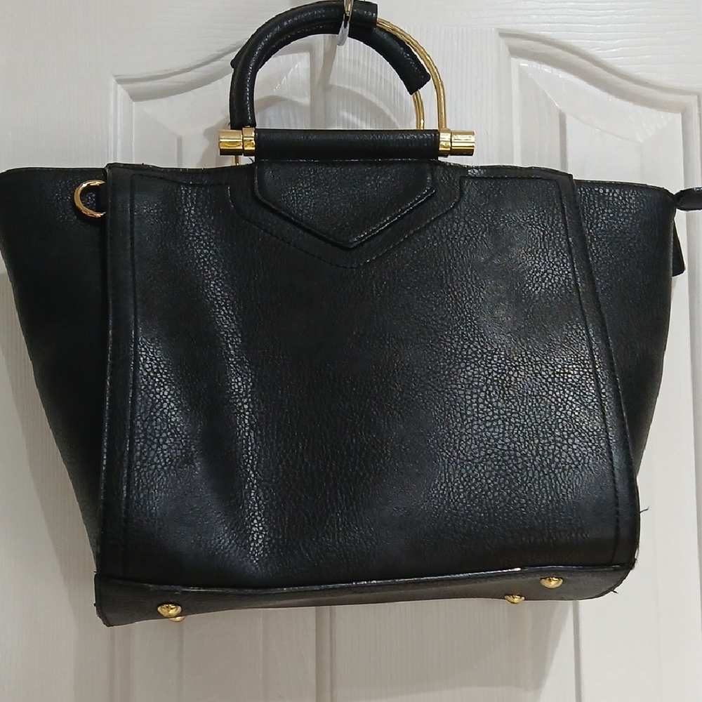 Sophisticated Black Leather Tote with Gold Accents